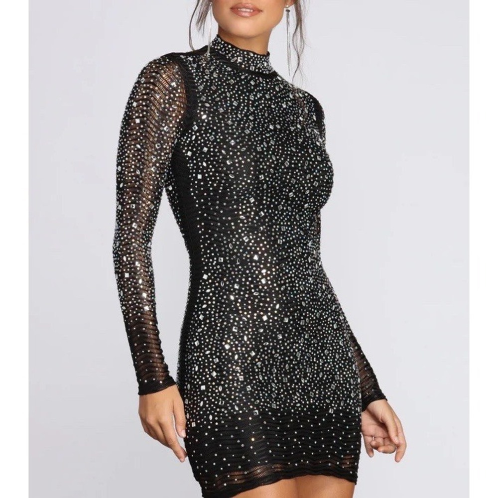 Hot Miami Style Black Rhinestone Longsleeve Sheer‎ Mini Bodycon Dress Sz Med